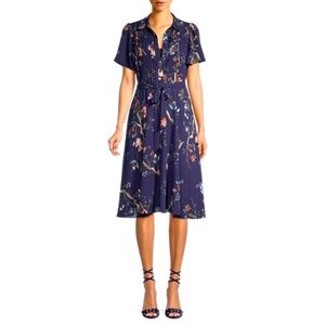 NWT Nanette Lepore Navy Floral Pleat Front Knee Length Dress – Size 12